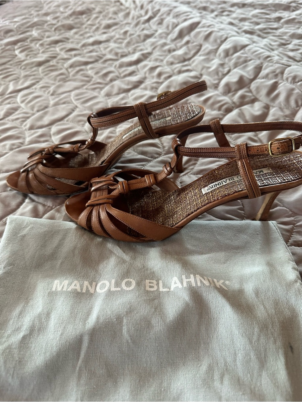 Manolo Blahnik Brown Leather T-Strap Heeled Sandals - Picture 2 of 6